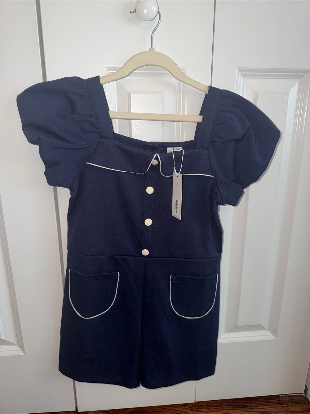 Janie and Jack Navy Puff-Sleeve Romper with White Piping